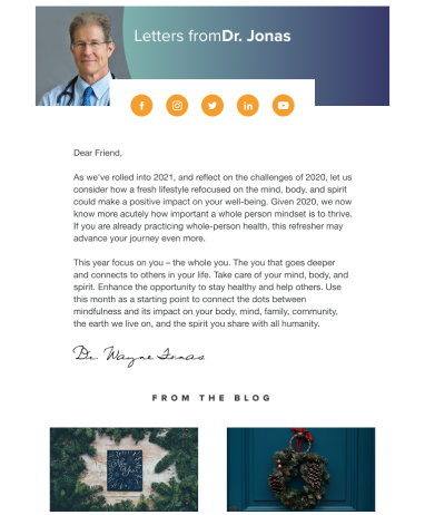 Sign up to receive Dr. Jonas' monthly letter with integrative health tools, resources and news